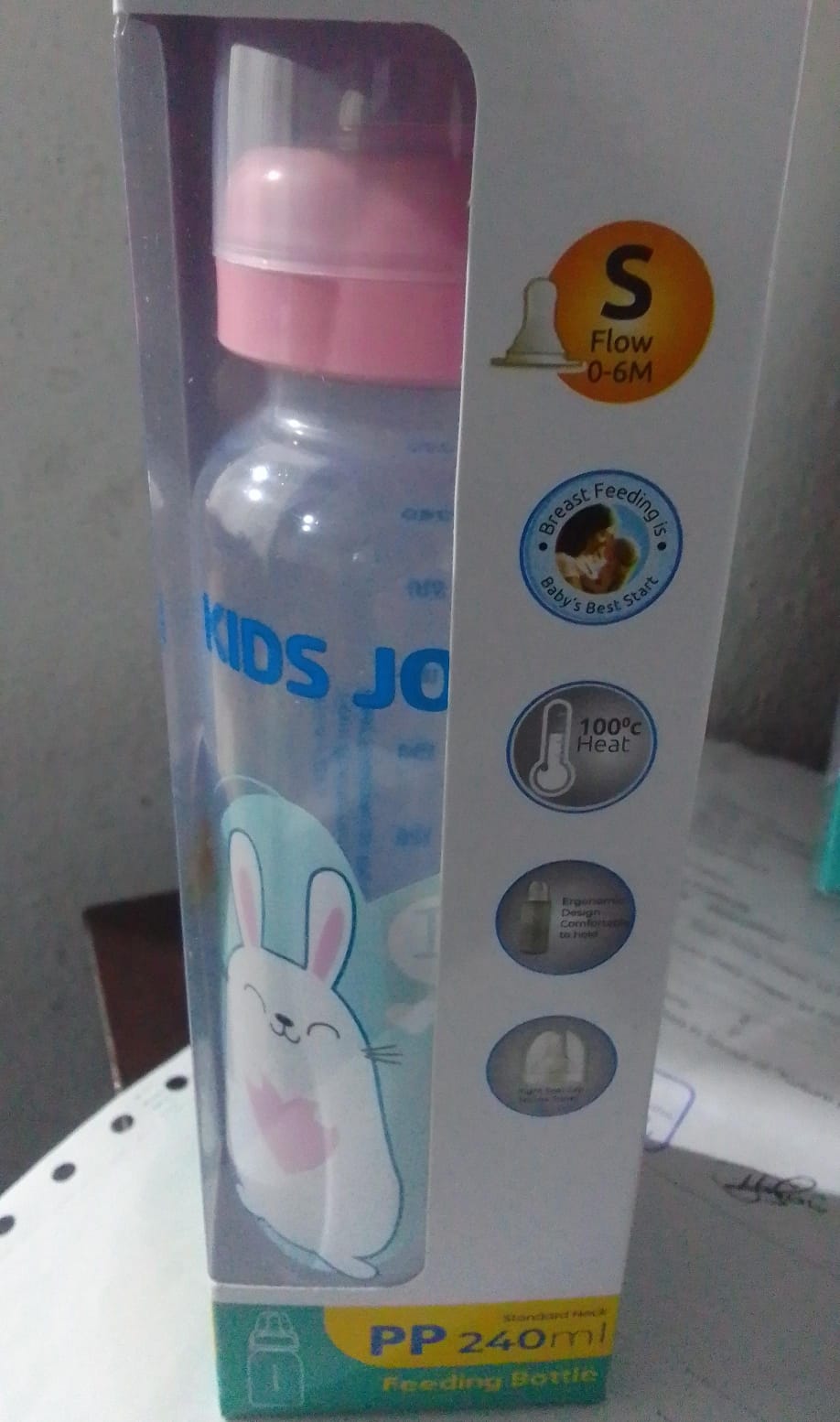 kids joy feeding bottle plastic neck 240ml pink